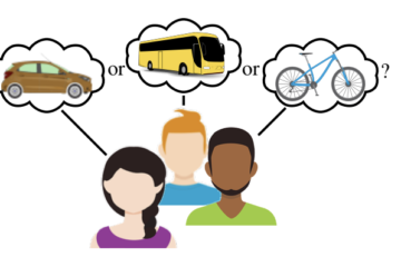 Image of animated persons considering traveling options